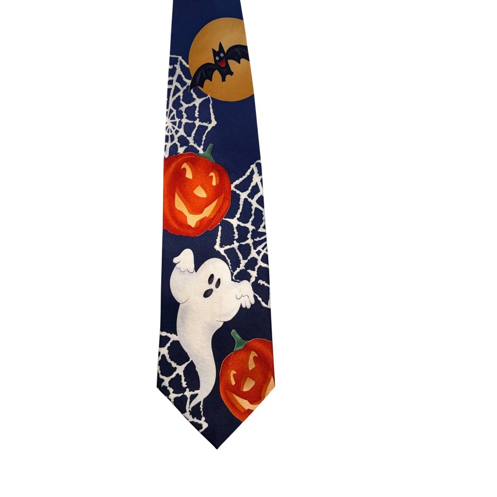 VTG Hallmark Seasonal Concepts Silk Halloween Tie Ghost Pumpkin Spiderweb Korea